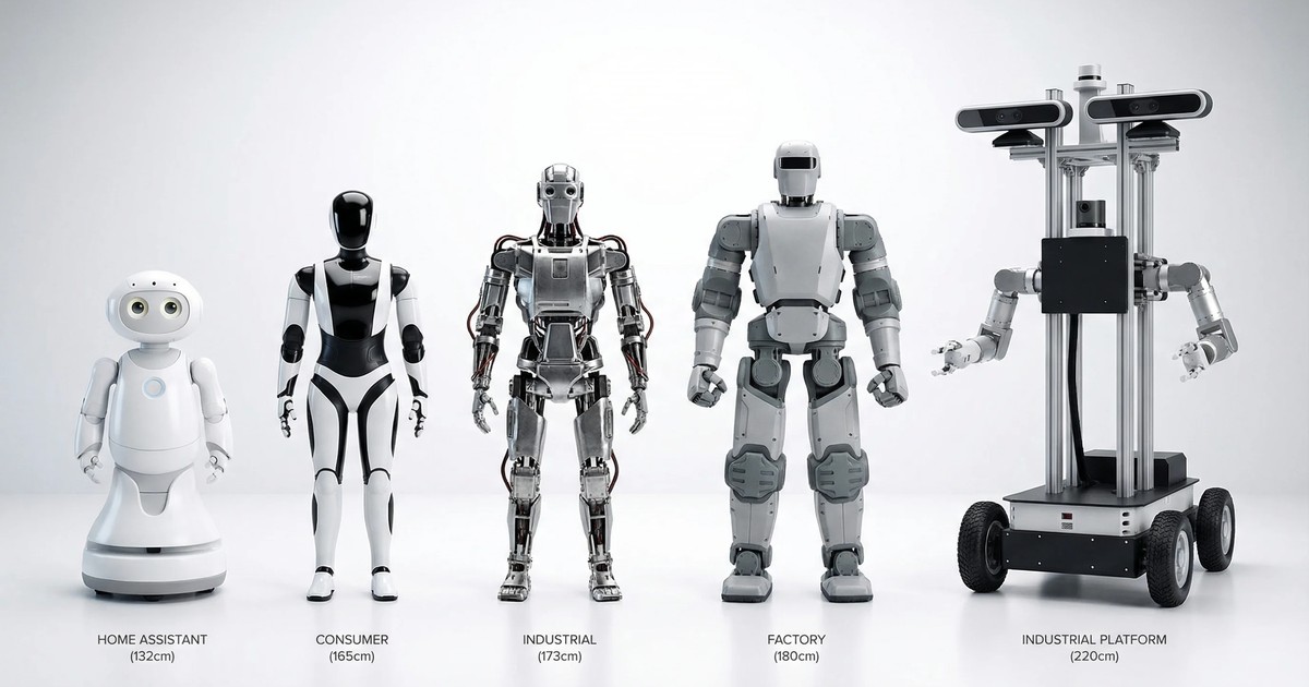 Lineup of Unitree humanoid robots including G1, R1, and H1 models side by side
