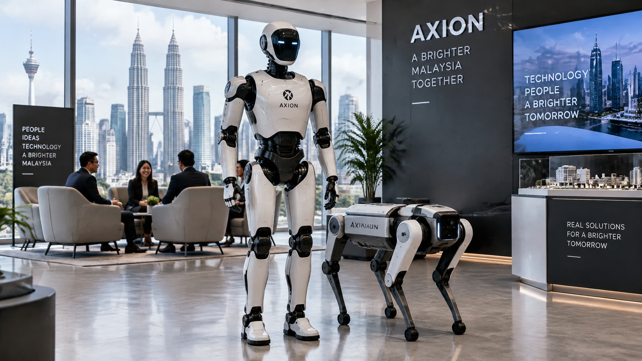 Humanoid robot and quadruped robot dog in a bright modern Malaysian office showcase