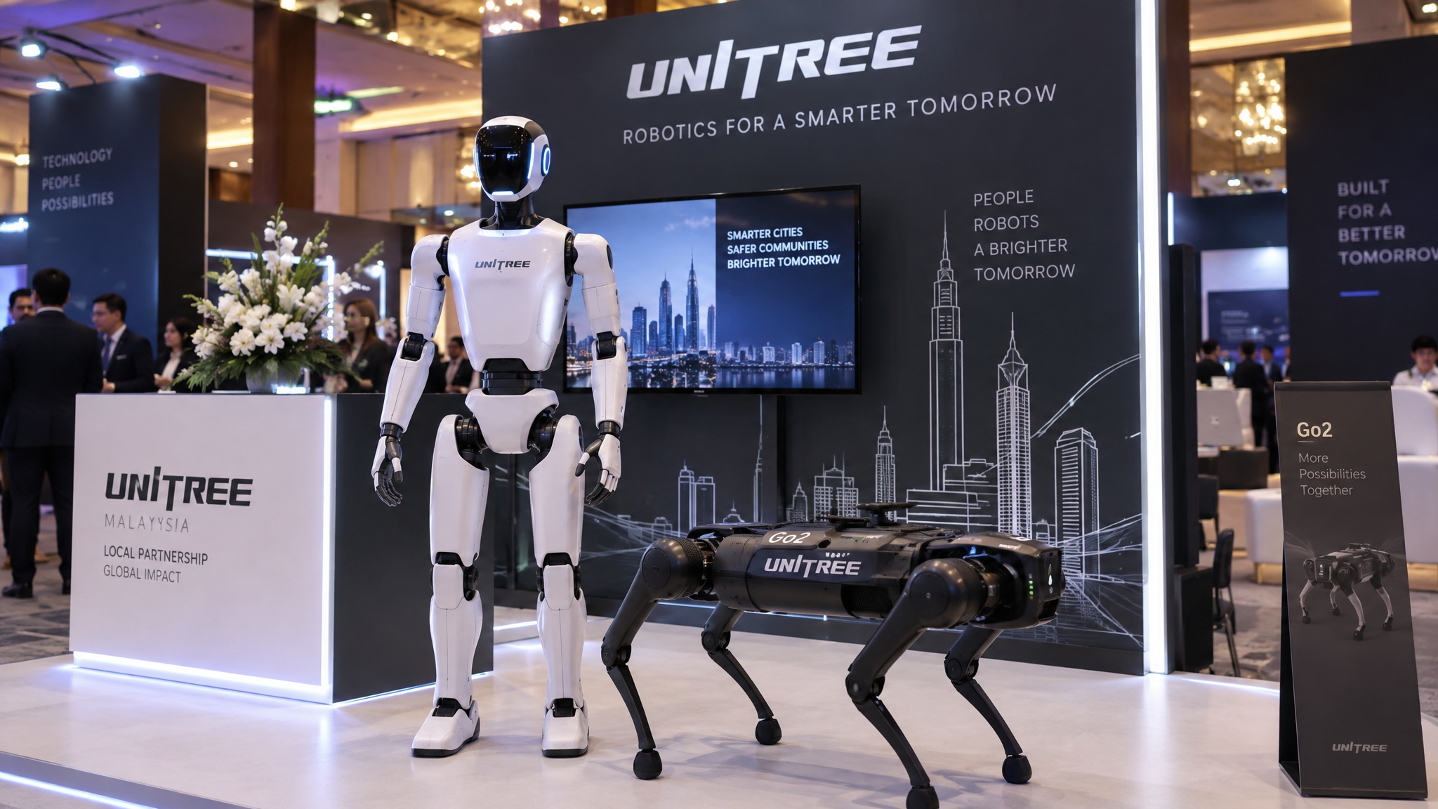 Humanoid robot and robot dog displayed at a corporate event booth in Malaysia