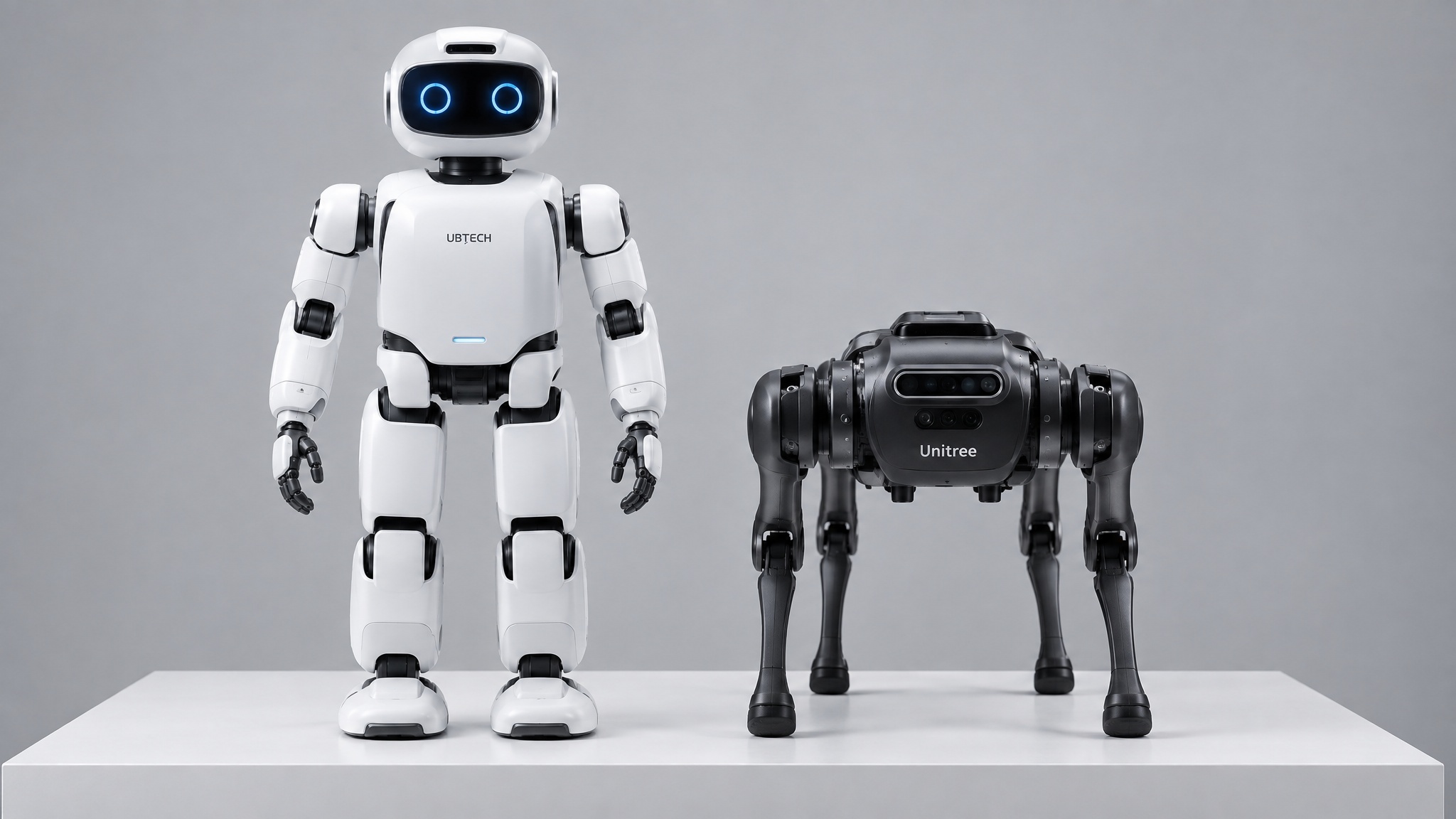 Studio side-by-side of a humanoid robot and a quadruped robot dog