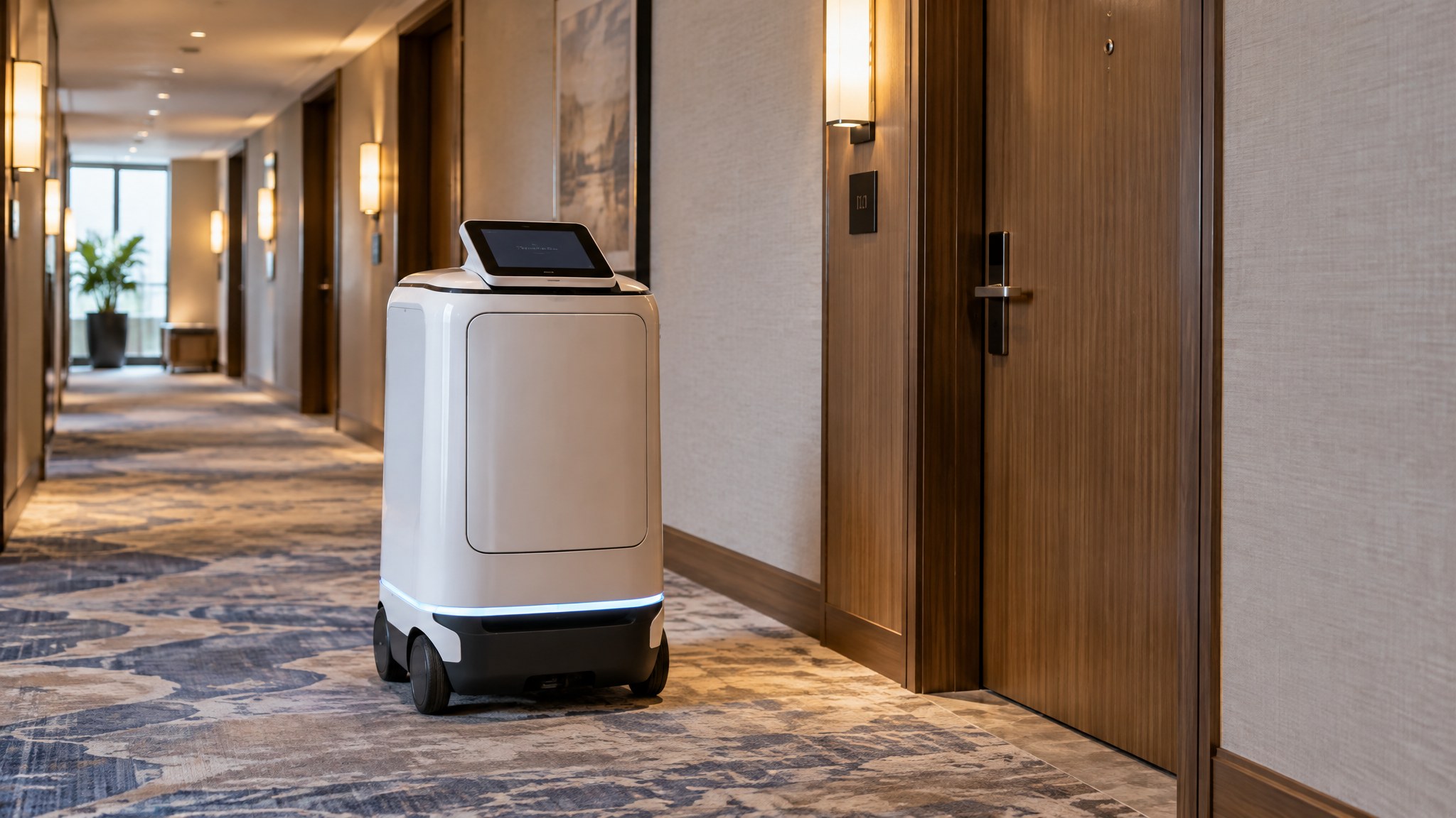 Autonomous delivery robot operating in a hotel corridor