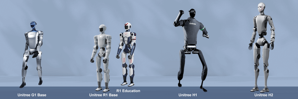 Unitree humanoid robot lineup including G1, R1, H1, and H2 models